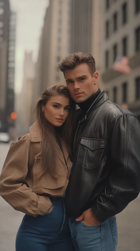 A young couple stands close together on a city street. The man is wearing a black leather jacket and the woman is wearing a brown jacket. They both appear to be in their late teens or early twenties. They are both looking at the camera, but the man seems to be slightly leaning towards the woman. The background is blurred, with tall buildings and a cloudy sky. The image has a romantic and intimate feel.