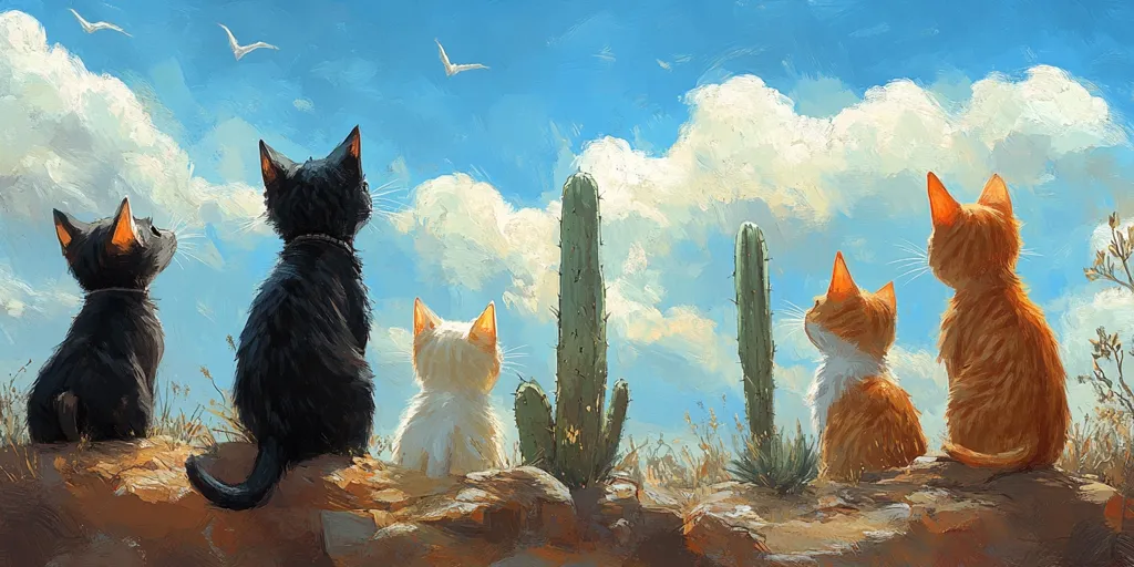 Five cats sit on a rocky ledge looking up at the bright blue sky. Two black cats, a white cat, and two orange cats gaze at the white puffy clouds in the sky. The cats are surrounded by tall, green cacti and sparse desert vegetation. The image is painted in a stylized way with soft edges and a vibrant color palette.