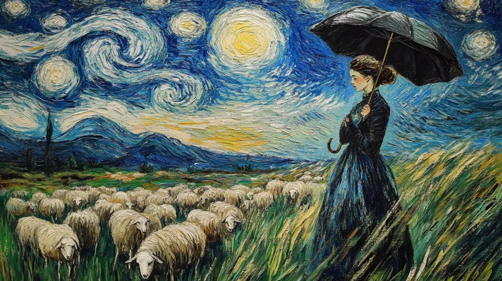 A woman in a long blue dress stands under a black umbrella in a field of sheep. She is looking down at the sheep, which are grazing in the green grass. The background is a swirling blue sky with a large yellow moon. The painting is in the style of Vincent van Gogh, with thick brushstrokes and bright colors. The woman's dress is a bright blue, and the sky is a vibrant blue with swirling white clouds. The sheep are white with black spots, and the grass is a lush green. The painting is full of movement and energy, and the woman is a strong and powerful figure.