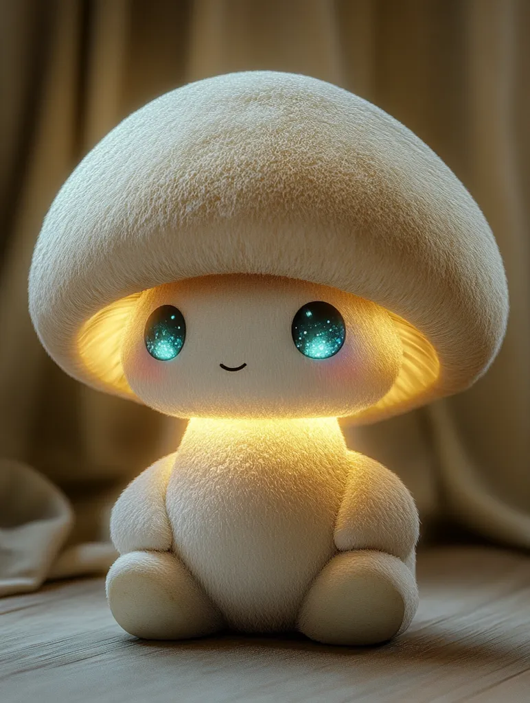 A plush, white mushroom-shaped lamp sits on a wooden floor. It has large, round, sparkling blue eyes and a small, smiling mouth. The lamp is lit from within, casting a warm glow. The background is out of focus, but appears to be a soft, brown fabric.  The lamp has a soft, fuzzy texture, and appears to be a comforting and whimsical object.