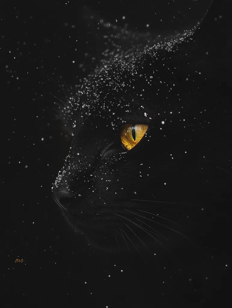 The image is a close-up of a black cat's face, with its piercing yellow eye staring directly at the viewer. The cat is covered in tiny white dots, possibly snow or dust, creating a starry night effect against the dark background. The cat's whiskers are visible, adding to its mysterious and captivating look. The image evokes a sense of intrigue and the beauty of nature's details.