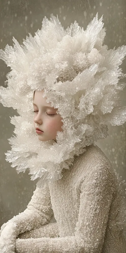 A young girl with closed eyes is wearing a white, crystallized headpiece that resembles a crown. The headpiece is made up of intricate, delicate shards of ice. The girl is dressed in a white, textured garment that appears to be made of a similar material as the crown. The background is a soft, muted gray, suggesting a wintery setting.  The overall image evokes a sense of tranquility and wonder.