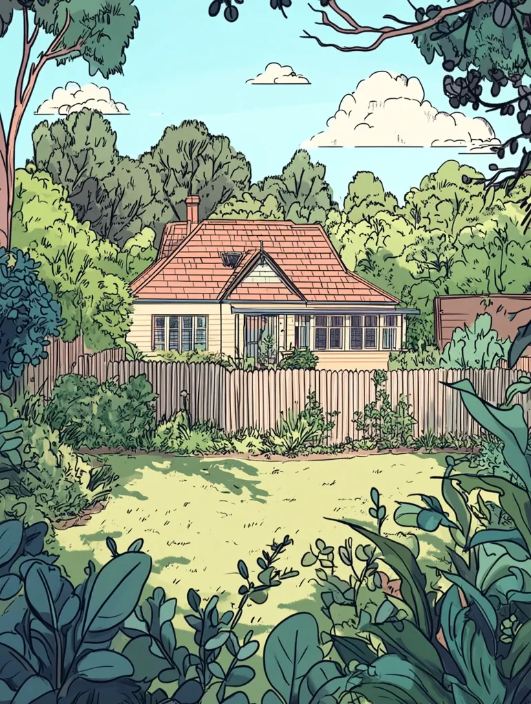 A cartoon illustration of a suburban house with a red tile roof and a wooden fence. The house is surrounded by lush green trees and foliage. The yard is covered in grass and has long shadows cast from the trees. The sky is a light blue with white clouds. The scene is peaceful and serene.