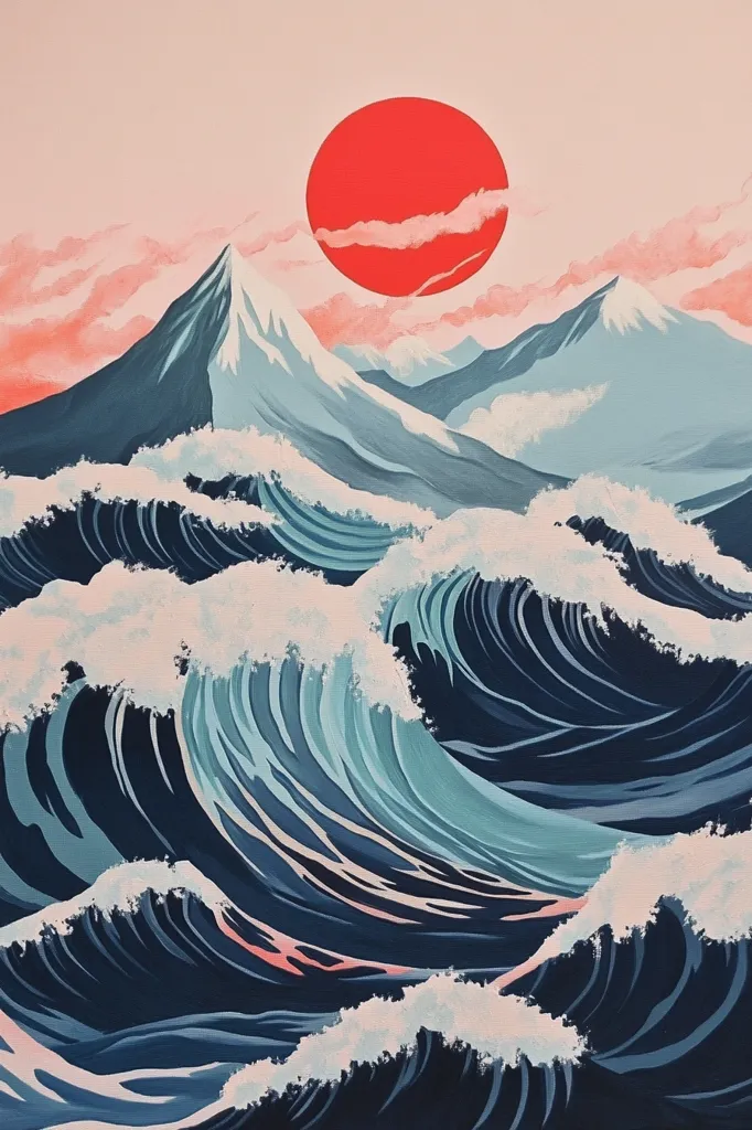 The image is a painting of a stylized ocean scene. In the background, a large, red sun sits over a mountainous landscape with snow-capped peaks. The foreground features a dynamic series of waves crashing in the ocean. The colors are predominantly blue and white with hints of pink from the sunset. The overall style is reminiscent of traditional Japanese art.