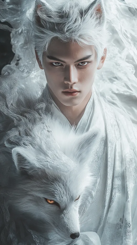 A young man with white hair and fox ears, wearing a white robe, looks directly at the viewer with a serious expression. A white fox with golden eyes lies on his lap, partially obscured by flowing fabric. The image is soft and ethereal, with a hint of mystery.