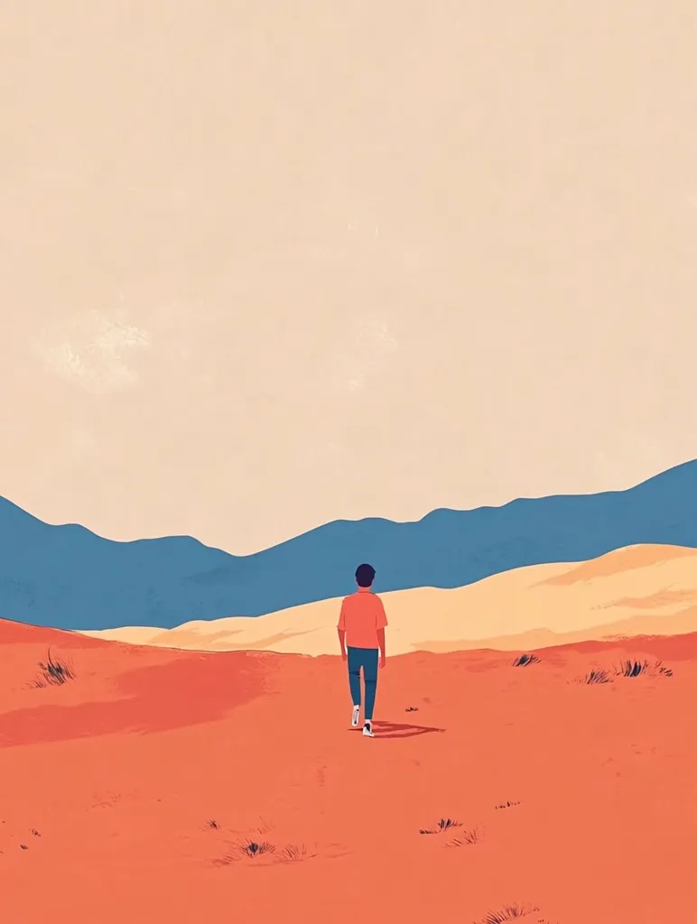A lone figure, clad in an orange shirt and blue jeans, walks across a desolate desert landscape. The figure is small in scale compared to the vastness of the sand dunes and the distant blue mountains, emphasizing their isolation. The sky is a pale yellow, casting a warm glow over the scene. The overall image evokes a sense of solitude and introspection.