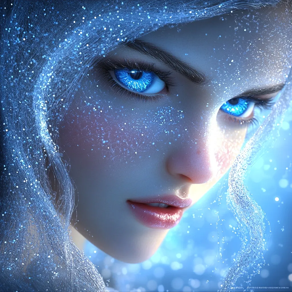 The image features a close-up of a woman's face, her eyes are piercing blue and her lips are slightly parted.  Her skin is covered in shimmering blue glitter, making her appear ethereal and otherworldly. She is framed by wispy strands of white hair that create a soft, ethereal glow around her. The background is a blur of blue and white, adding to the dreamlike quality of the image. The overall effect is one of beauty, mystery, and magic.