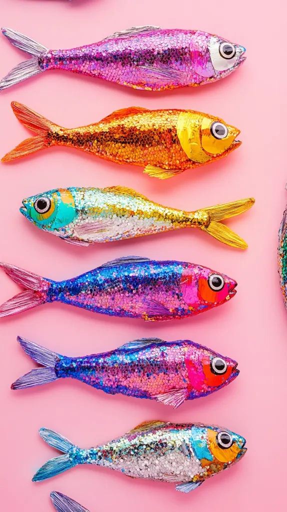Six sparkly, colorful fish with glitter scales are arranged in a row on a pink background.  The fish have different colors, including purple, gold, blue, pink, and silver. They are all facing the right side of the frame. The fish are all arranged in a straight line, with their tails slightly overlapping.