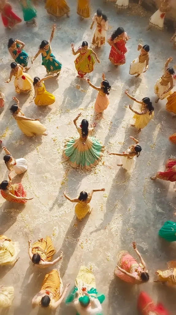 A group of women in colorful traditional Indian attire dance in a circle on a white floor covered in flower petals. The women are all smiling and laughing, their movements graceful and fluid. The scene is vibrant and celebratory, capturing the joy and beauty of Indian culture.  The overhead view provides a unique perspective on the dance, showcasing the intricate details of the women's clothing and the delicate petals that surround them.