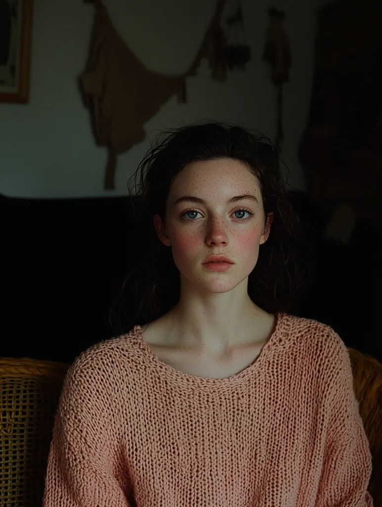 A young woman with long brown hair and freckles sits in a chair, wearing a pink knitted sweater. The background is out of focus, with a brown object hanging on the wall. Her expression is serious and her eyes are looking directly at the camera. The lighting is soft and warm, creating a sense of intimacy.