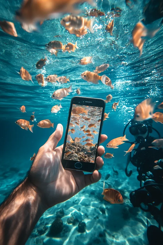 A hand holding a smartphone underwater, capturing a school of fish in the crystal-clear blue water. The phone's screen displays the same scene, highlighting the beauty and tranquility of the underwater world.  The image is captured from a unique perspective, offering a glimpse into the life of a diver and the wonders they witness.