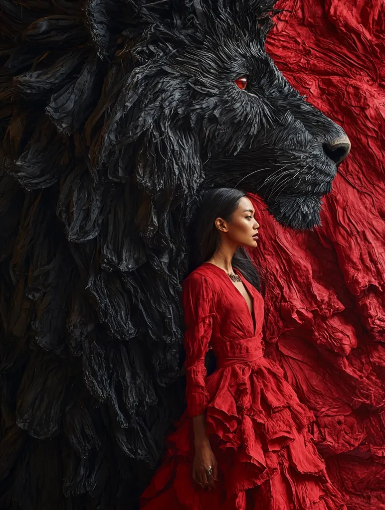 A woman in a crimson dress stands before a large, black lion sculpture made entirely of paper. The lion's red eye stares intensely from its dark form. The woman's long, dark hair cascades down her back, and she gazes thoughtfully toward the right. The backdrop is a textured wall of red paper that contrasts sharply with the black sculpture.  The image evokes a sense of mystery and intrigue, with a hint of power and strength.