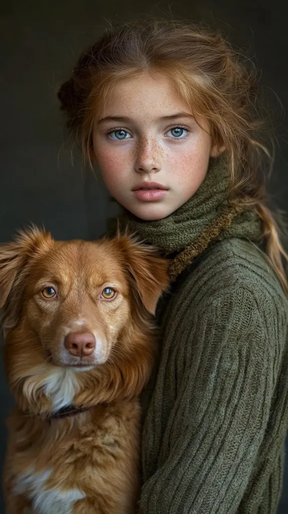 A young girl with freckles and long red hair is wearing a green knitted sweater and looking directly at the camera. A brown and white dog is beside her. The girl's hair is slightly messy and she has a serious expression on her face.  The dog is looking at the viewer with a curious expression. The background is a dark, blurred.  The image has a warm and inviting atmosphere.
