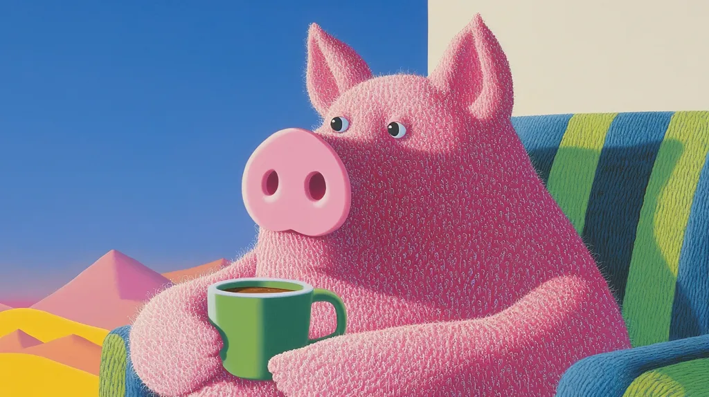 A pink pig with a large, furry body sits on a striped couch, holding a green mug filled with brown liquid. The pig is looking off to the side, perhaps at a scenic view of a desert landscape. The background is a vibrant blue sky with pink and yellow hills in the distance. The image has a surreal and playful tone, suggesting a whimsical world where animals enjoy human activities.