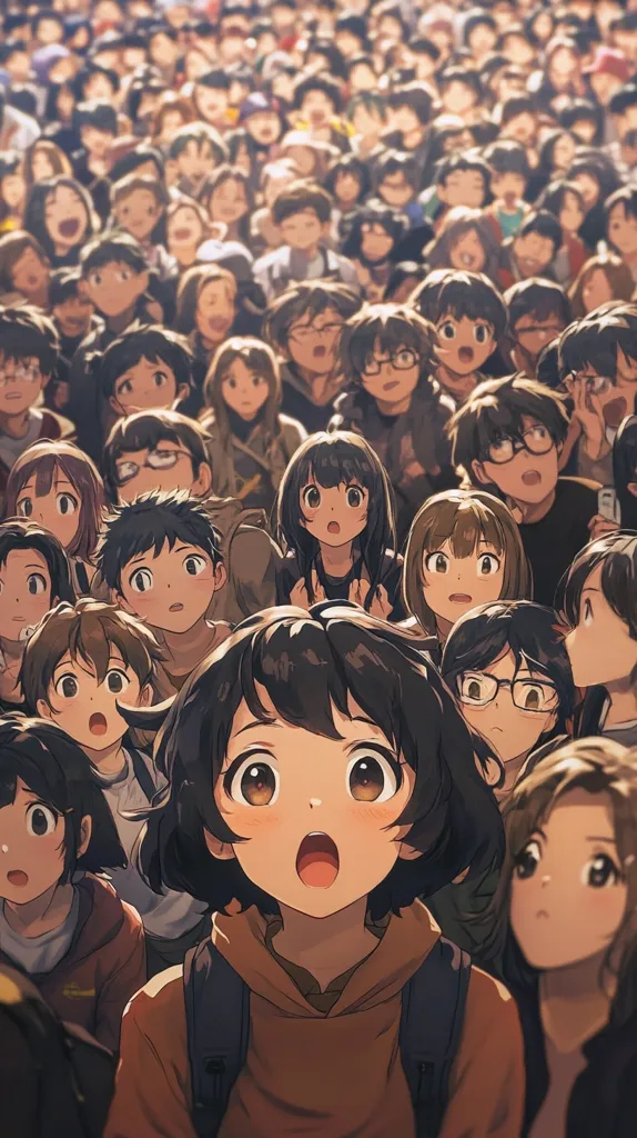 The image is a close-up of a young girl with brown hair and brown eyes, wearing an orange hoodie and looking surprised. She is surrounded by a crowd of people, all looking at something off-screen. The girl is the focal point of the image, and her expression of shock and excitement is emphasized by the blur of the surrounding crowd. The overall tone of the image is lighthearted and cheerful, conveying a sense of anticipation and excitement.