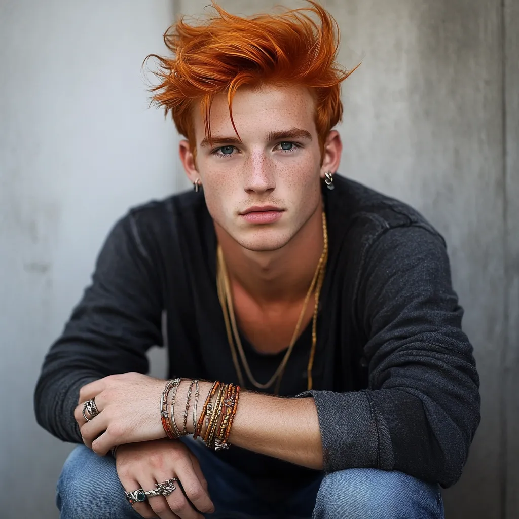 A young man with bright red hair and freckles sits with his arms crossed, wearing a black long-sleeved shirt, jeans, and numerous silver rings and bracelets.  He looks directly at the camera with a neutral expression and a pair of silver earrings hang from his lobes.  The backdrop is a plain grey wall.