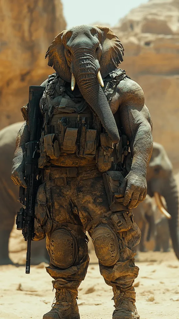A humanoid figure with the head of an elephant, dressed in military gear, holds a large rifle in one hand. It wears a camouflage pattern with kneepads and has a serious expression. The figure is standing in a desert landscape, with other elephants in the background. The scene evokes a sense of post-apocalyptic or science fiction imagery.