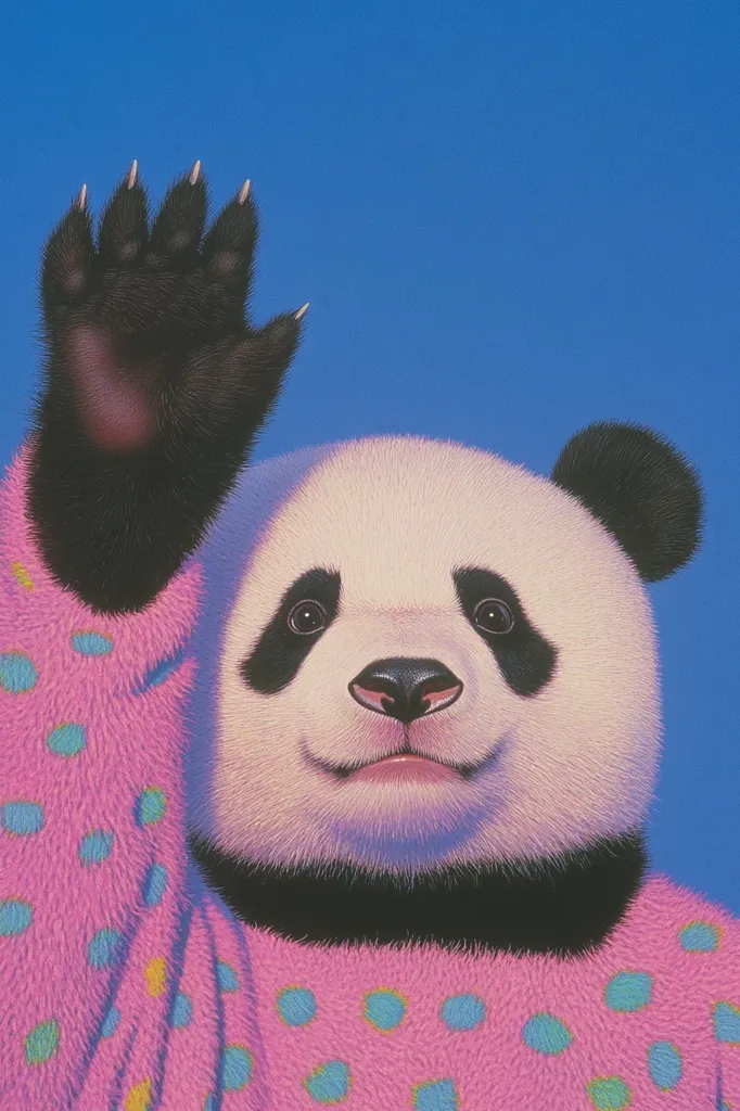 A panda bear is wearing a pink and blue polka dot sweater. It is waving with its right paw, and has a very happy expression on its face. The background is blue. The panda is looking directly at the viewer. The photo appears to be a painting.