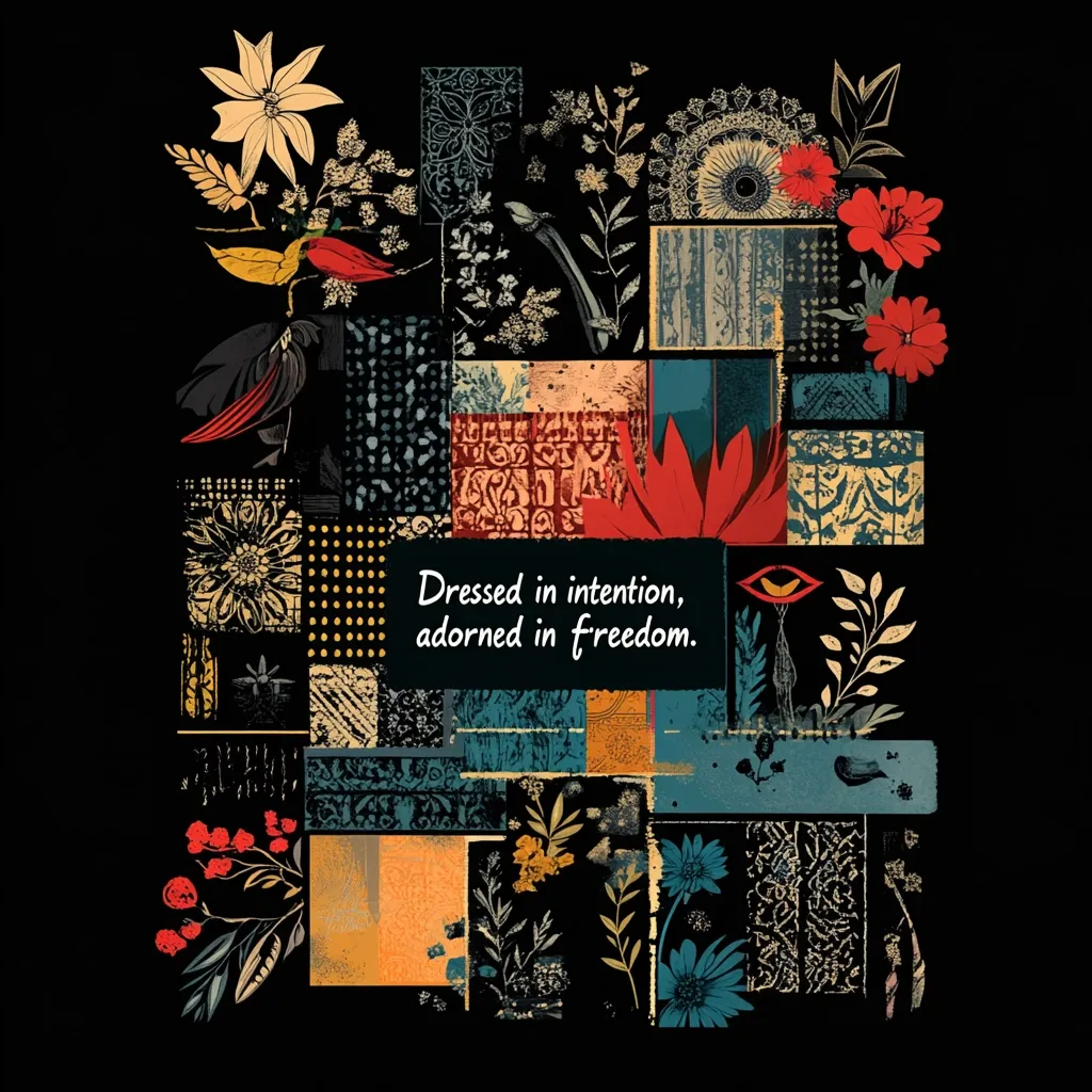 The image is a collage of colorful abstract patterns and floral designs. There are various shapes and textures in vibrant reds, yellows, and blues. The words "dressed in intention, adorned in freedom" are prominently displayed in the center of the design. The overall image feels artistic and symbolic, representing the beauty of freedom and self-expression.