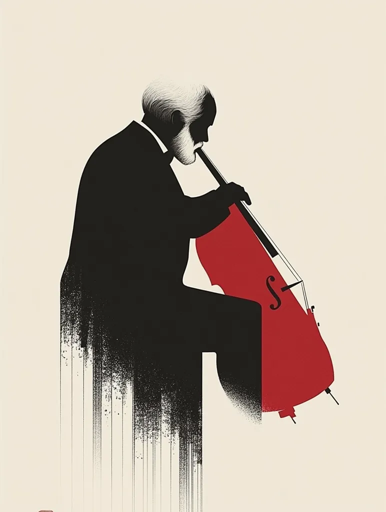 The image depicts a minimalist silhouette of a man playing a cello. He is seated and bent over the instrument, his head lowered in concentration. The cello is depicted in a bold red, while the man and his surroundings are rendered in black. The background is a simple off-white, allowing the figures to stand out.  The image evokes a sense of deep focus and passion for music.