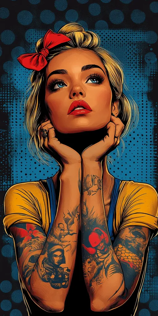 The image depicts a woman with a red bow in her blonde hair and bright makeup. Her arms are covered in colorful tattoos and she is holding her hands up to her face, looking up. The background is a blue and black dotted pattern. The illustration is in a pop art style.
