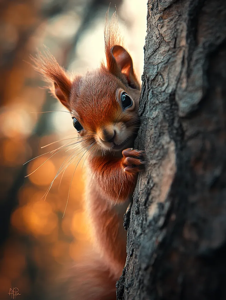 A red squirrel peeks out from behind a tree trunk, its bright eyes looking directly at the camera. Its fur is a rich, reddish-brown, and its tail is bushy and curled around its body. The background is blurred and out of focus, creating a soft, dreamy effect. The squirrel's expression is curious and alert, as if it is wondering what is happening outside its tree home.
