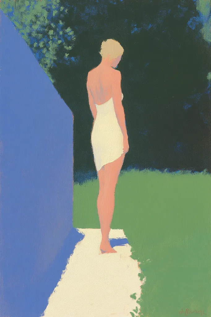 A woman in a white dress stands on a white path, facing away from the viewer. The background is a dark green bush and a blue wall. The scene is painted in a stylized, impressionistic manner, with soft, flowing brushstrokes. The overall tone is calm and serene.