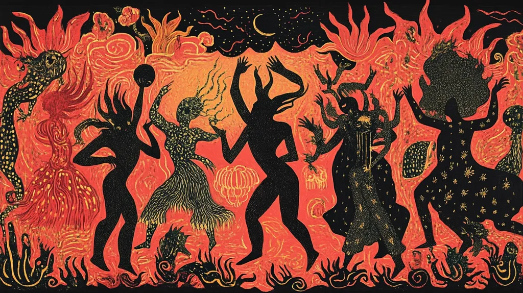 The image is a stylized depiction of a group of five figures dancing amidst a fiery backdrop. They are all silhouetted in black and adorned with intricate patterns, resembling a celestial dance. The fiery background suggests a sense of passion and energy. The overall composition is dynamic and visually striking, capturing a sense of movement and celebration.