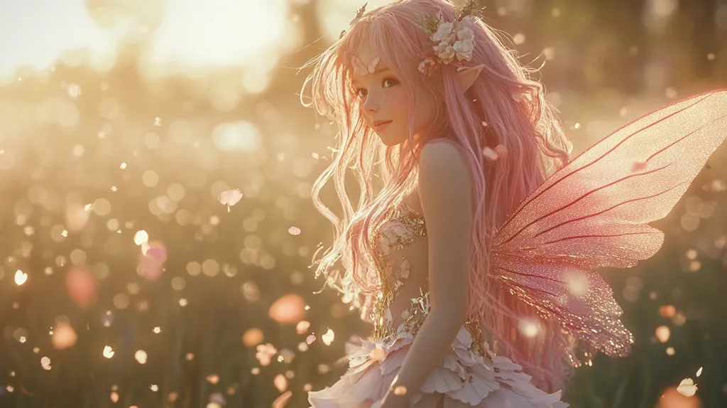 A young woman with long pink hair and delicate fairy wings stands in a field of golden light. She is wearing a shimmering white and gold dress, and her wings are translucent with a pink hue. The air around her is filled with tiny, sparkling particles, as if she has been dusted with magic. Her expression is soft and serene, and her eyes are filled with a gentle kindness. She looks as if she is about to take flight, and her beauty is otherworldly and enchanting.
