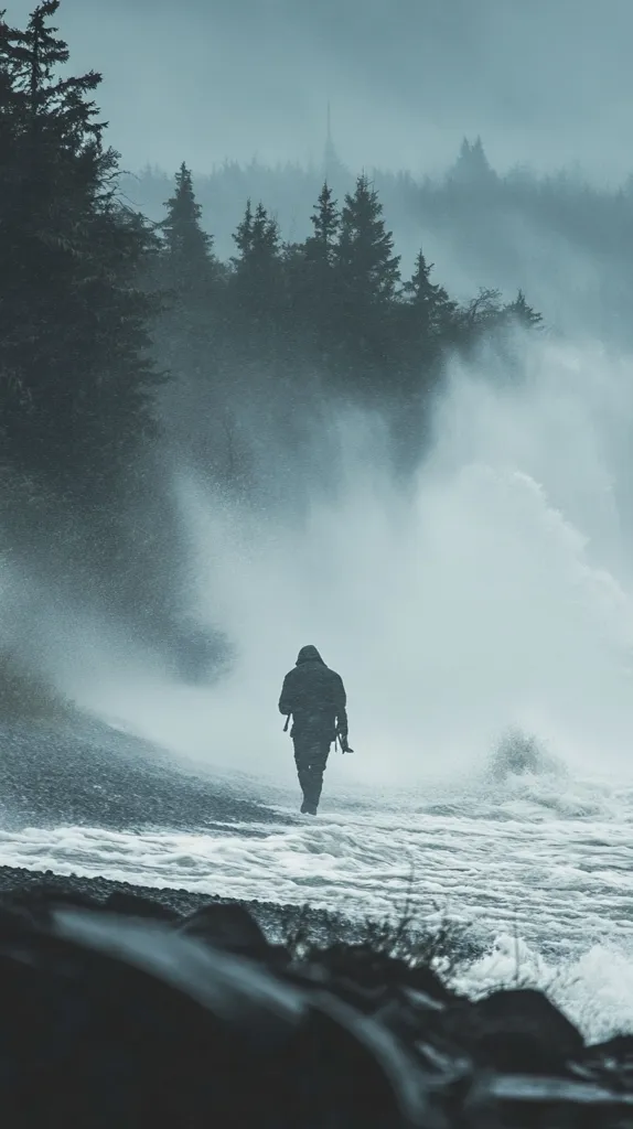 A lone figure walks through a misty, storm-ridden landscape.  They are clad in dark clothing, their silhouette a stark contrast to the swirling white of the waves crashing on the beach.  The fog obscures the surrounding forest, creating an eerie, almost surreal atmosphere.  The image conveys a sense of solitude and isolation, highlighting the fragility of the human form against the relentless forces of nature.