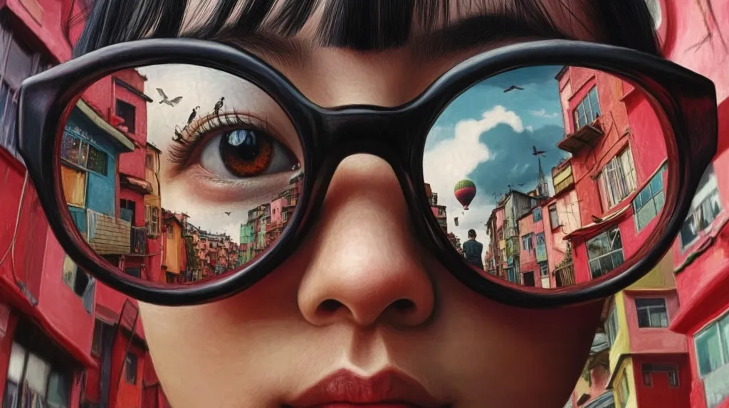 The image shows a close-up of a young woman's face. She is wearing large, round, black-rimmed glasses. The reflection in her glasses shows a colorful cityscape with brightly colored buildings, a hot air balloon, and birds flying in the sky. The image is painted in a realistic style and the detail is striking.