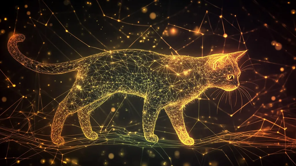 A stylized image of a cat composed of glowing lines and dots, reminiscent of constellations. It appears to be walking, with its head turned to the right, amidst a dark background with a shimmering overlay of interconnected lines and dots. The image evokes a sense of mystery and ethereal beauty.