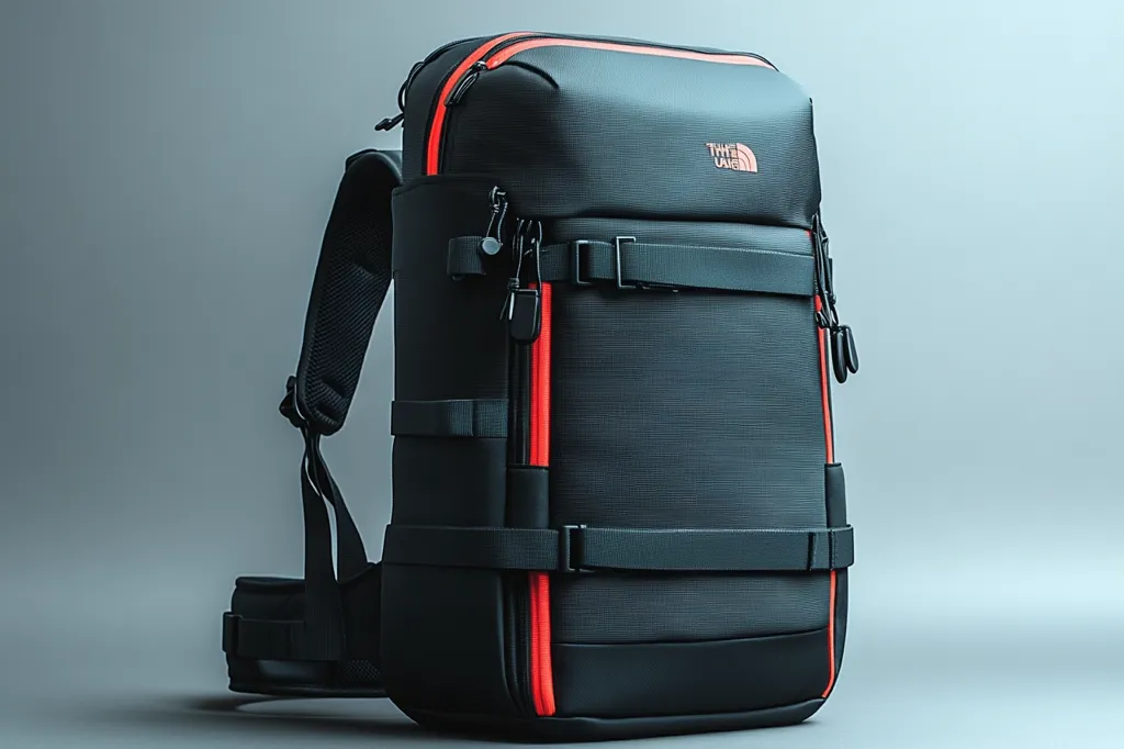 The image shows a black and red The North Face backpack with multiple straps and pockets. The backpack is designed for carrying photography equipment and has a sleek, modern look. The background is a light blue, which helps to highlight the backpack's features.  The backpack appears to be made of durable materials and is designed for carrying heavy loads.