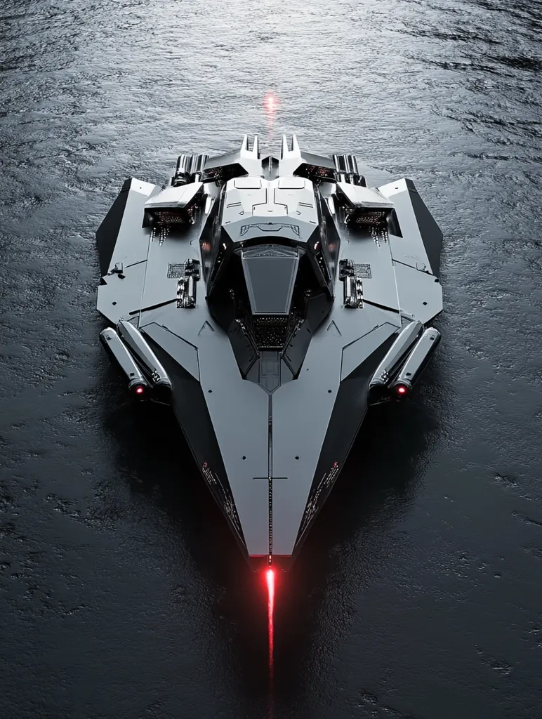 A sleek, futuristic spacecraft with sharp angles and a silver exterior floats above a dark, textured surface. The vessel has a prominent cockpit and multiple engine ports, with a red light emanating from its front. The overall design is angular and aggressive, hinting at speed and advanced technology.