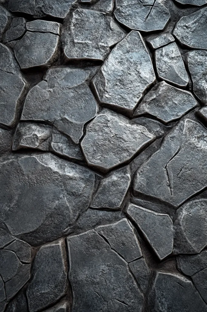 A close-up shot of a dark, rough stone wall. The stones are irregular in shape and size, with some visible cracks and fissures. The texture is rough and uneven, with a subtle sheen that suggests the surface may be wet. The dark tones create a sense of mystery and depth.  The image captures the natural beauty and ruggedness of stone.