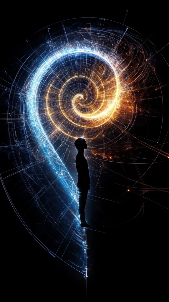 The image depicts a silhouette of a person standing in front of a large, glowing, spiral-shaped object. The spiral is made up of intricate lines and appears to be made of both blue and orange light. The background is black. The image evokes feelings of mystery, wonder, and the vastness of the universe. It could be interpreted as a representation of the human mind, with the spiral symbolizing the complexities of thought and consciousness.  The person's silhouette stands in contrast to the vibrant energy of the spiral, suggesting a relationship of contemplation or exploration.