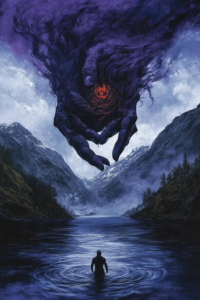 A giant, shadowy hand, emanating from the sky, reaches down towards a serene lake nestled in the midst of snow-capped mountains. The hand holds a glowing orb, casting an ethereal glow on the water below. A lone figure stands in the water, dwarfed by the immensity of the hand above, creating a sense of awe and wonder. The image evokes a feeling of mystery and the unknown, suggesting a confrontation between human fragility and cosmic power.