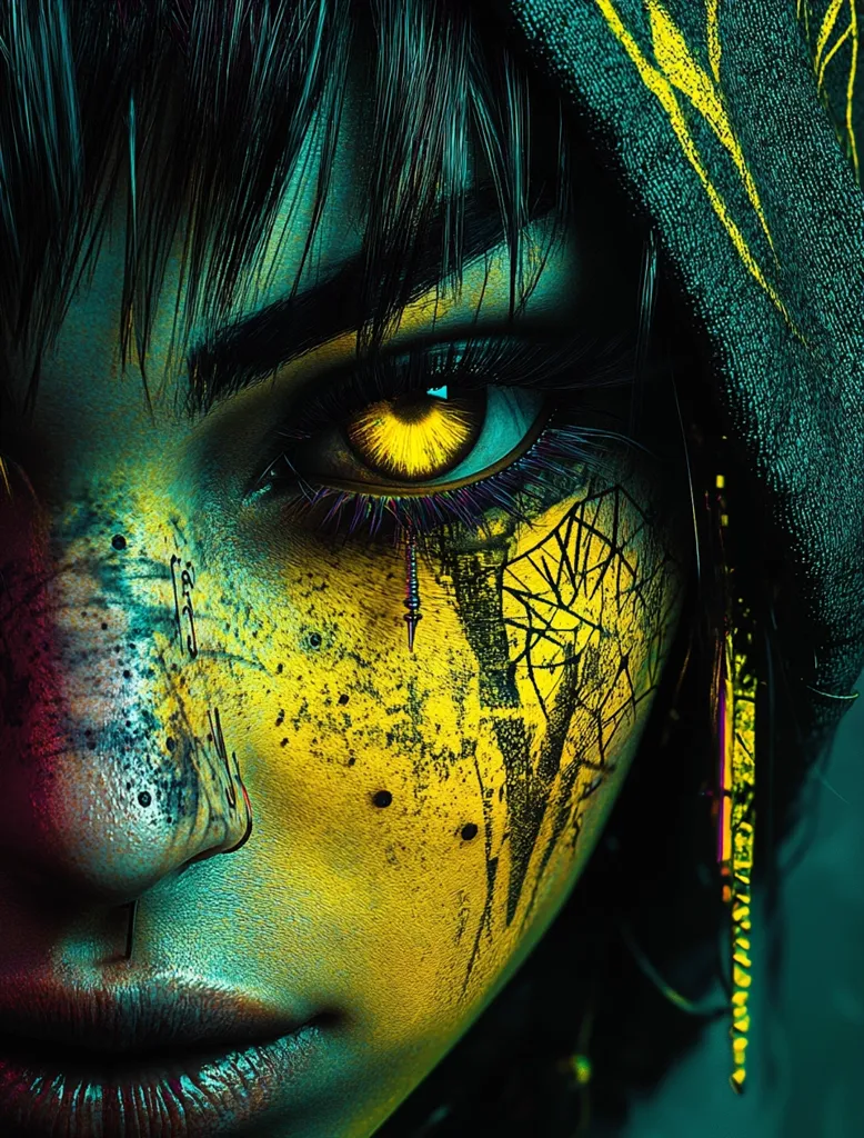 A close-up of a woman's face, with vibrant, neon-colored makeup. Her eye is the focal point, with a large, yellow pupil and dark eyeliner. The rest of her face is covered in abstract patterns and splatters of paint in yellow, black, and green. She is wearing a dark hood with gold accents, adding to the mysterious and edgy feel of the image.