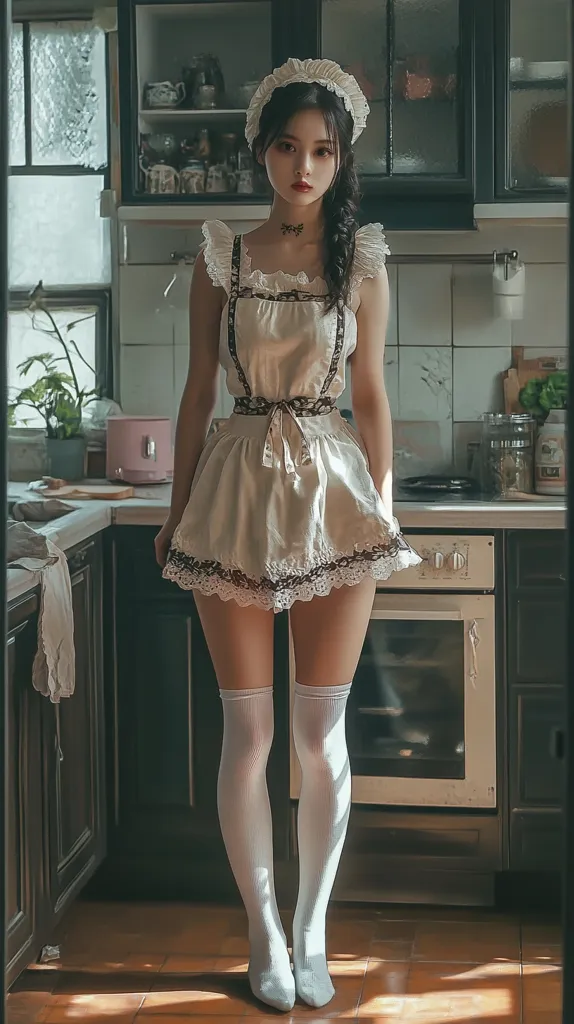 A young woman in a white maid dress and white knee-high socks stands in a kitchen. She is wearing a white headband and has long dark hair. She is looking at the camera with a slightly serious expression. There is a counter to the left and a built-in oven to the right of her. Sunlight streams in through a window, casting a warm glow on the scene.  The image has a vintage or retro aesthetic.