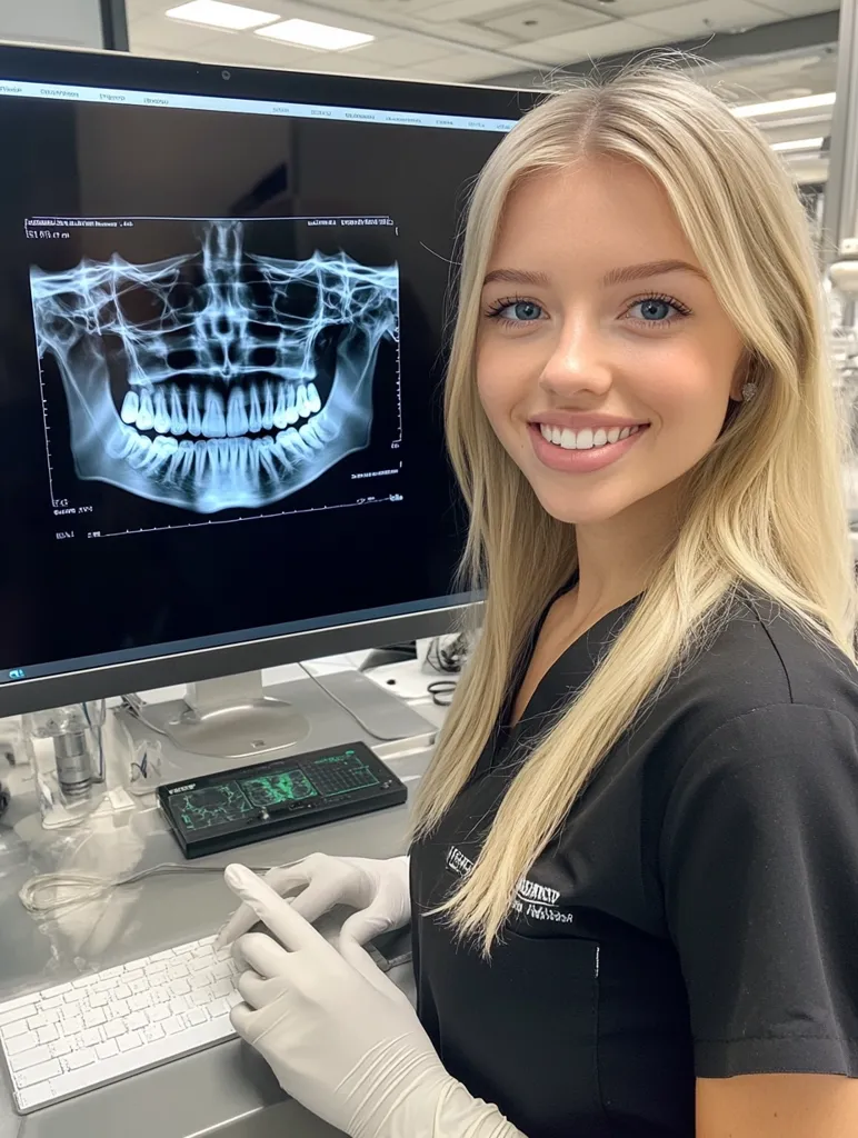 A young woman with long blonde hair, wearing a black scrub top and white gloves, is looking directly at the camera and smiling. She is sitting at a desk in front of a computer monitor, which displays a dental X-ray of a person's teeth. There is a keyboard and a small electronic device on the desk. The image has a professional and confident feel.