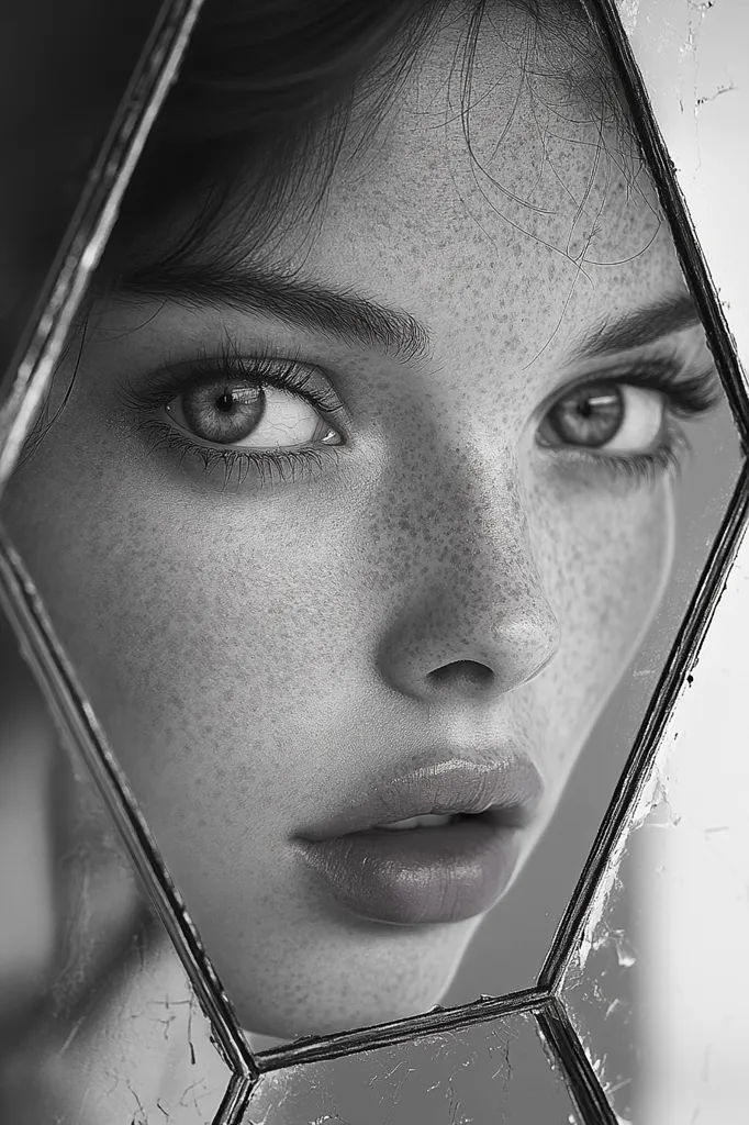 A black and white portrait of a woman's face, framed by a shattered window pane. Her eyes are wide open, her lips are slightly parted, and she has freckles across her skin. The image creates a sense of vulnerability and introspection.  The broken glass suggests a feeling of fragility and pain.