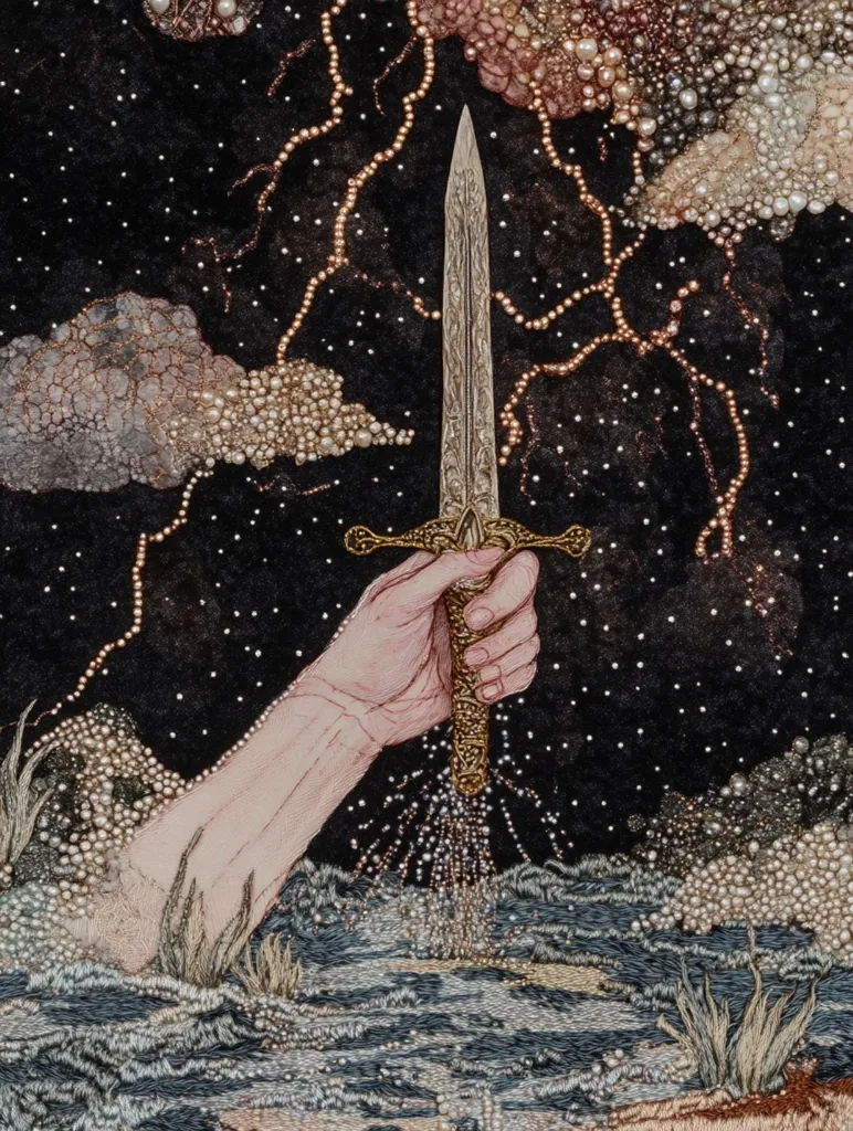 An embroidered artwork depicting a hand holding a dagger against a starry night sky. The hand emerges from the water, and the sky is made up of swirling clouds of pearls and gold. The dagger is pointed upwards towards the heavens, creating a sense of tension and anticipation.  The intricate details of the embroidery add to the richness and depth of the image.