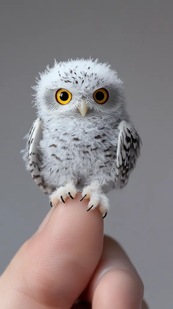 A tiny, fluffy owl with bright yellow eyes sits perched on a human finger. The owl has white feathers with black markings and its talons are visible as it clutches the finger. The owl is looking directly at the camera with a curious expression.  The background is a soft, grey color.