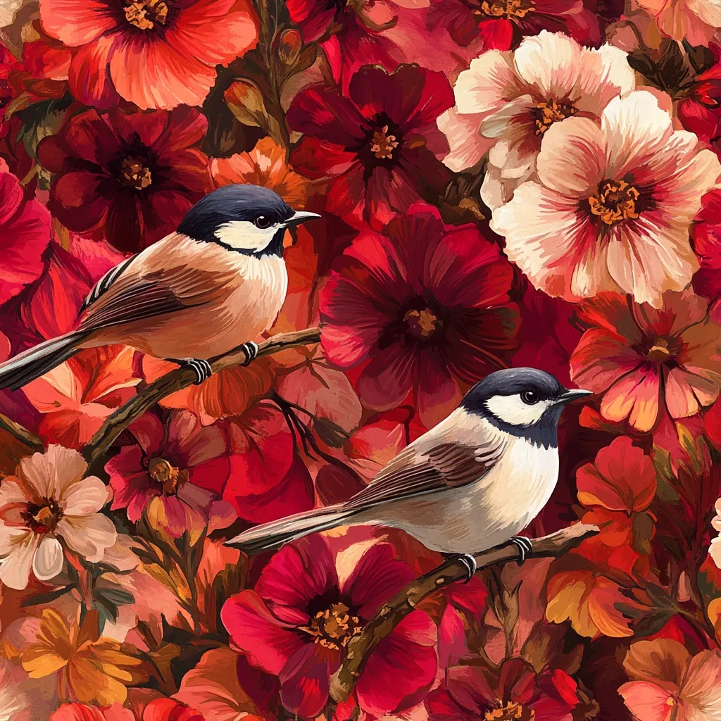 A painting of two birds perched on a branch amidst a vibrant and colorful display of red and pink flowers. The birds have black caps and dark eyes, with brown and grey plumage. The background is a blur of red and pink petals, creating a sense of depth and movement. The overall feeling of the painting is one of beauty and tranquility, showcasing the delicate balance of nature.