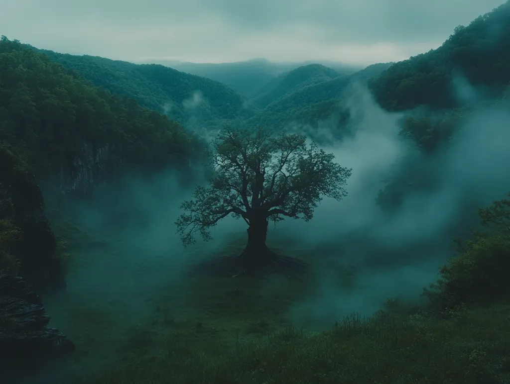 A lone tree stands silhouetted against a backdrop of misty, forested hills. The scene is shrouded in a thick fog, casting a mysterious and ethereal atmosphere over the landscape. The colors are muted and subdued, with shades of green and blue dominating the view. The image evokes a sense of solitude and tranquility, as if the world has been temporarily paused.