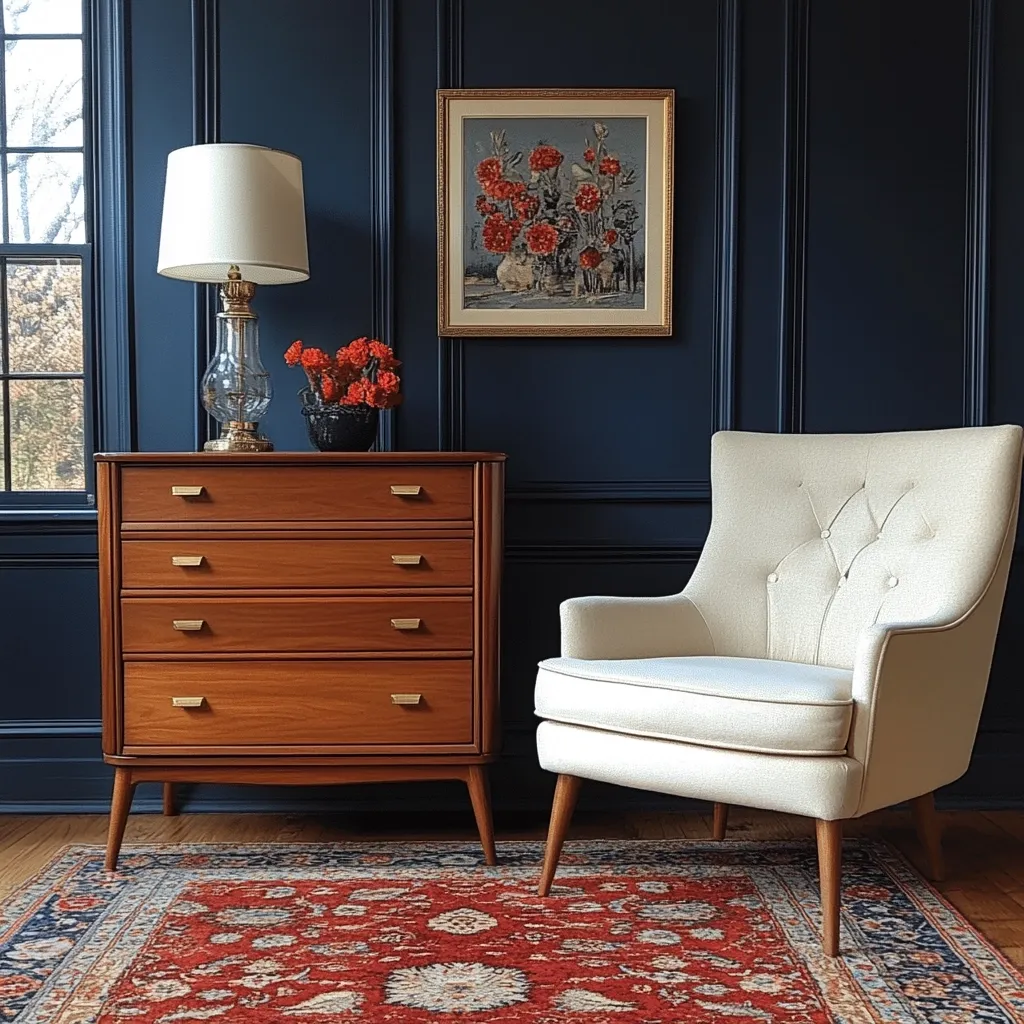 A vintage wooden dresser with brass hardware sits on a colorful rug against a dark blue wall. A white armchair with button tufting sits to the right of the dresser. A lamp with a white shade and a glass base sits on top of the dresser, and a framed painting of red flowers hangs on the wall above.
