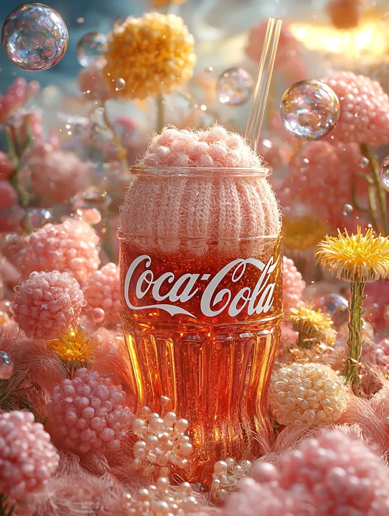 A glass bottle of Coca-Cola sits in a bed of fluffy, pink flowers and iridescent pearls. The drink is topped with a pink, fluffy lid, and a glass straw sticks out of it. The background is a dreamy blur of light and bokeh, with floating bubbles adding to the whimsical effect. The scene has a surreal, almost magical quality.