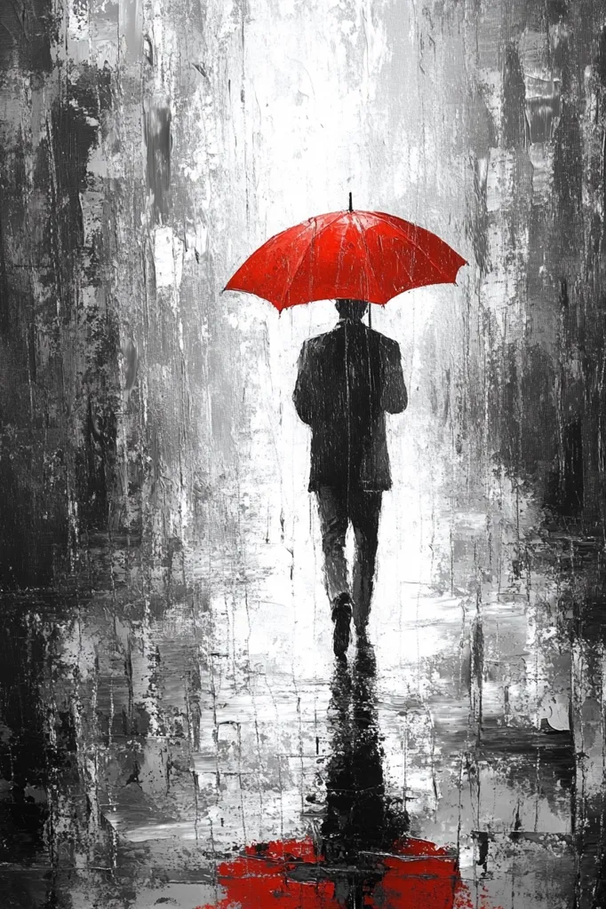 A man walks down a rainy street, holding a red umbrella above his head. He is dressed in a suit and tie, and his silhouette is visible against the white background. The painting is done in a stylized, abstract style, with the man's form and the umbrella being the only clear features. The background is a blurry gray, suggesting the rain and the city. The image evokes a sense of loneliness and isolation.  The artwork is a painting, most likely done with oil paint.
