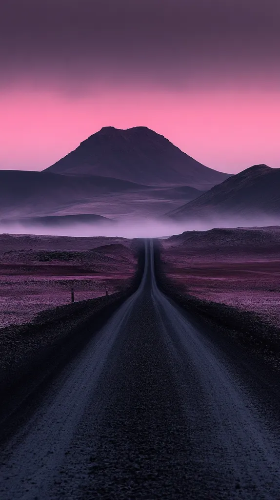 A long, winding road stretches out towards a distant mountain range. The sky is a vibrant pink, and the ground is covered in a light mist. The scene is bathed in a soft, ethereal light, creating a sense of mystery and wonder.  The image evokes a feeling of peace and tranquility, inviting the viewer to imagine the journey ahead.