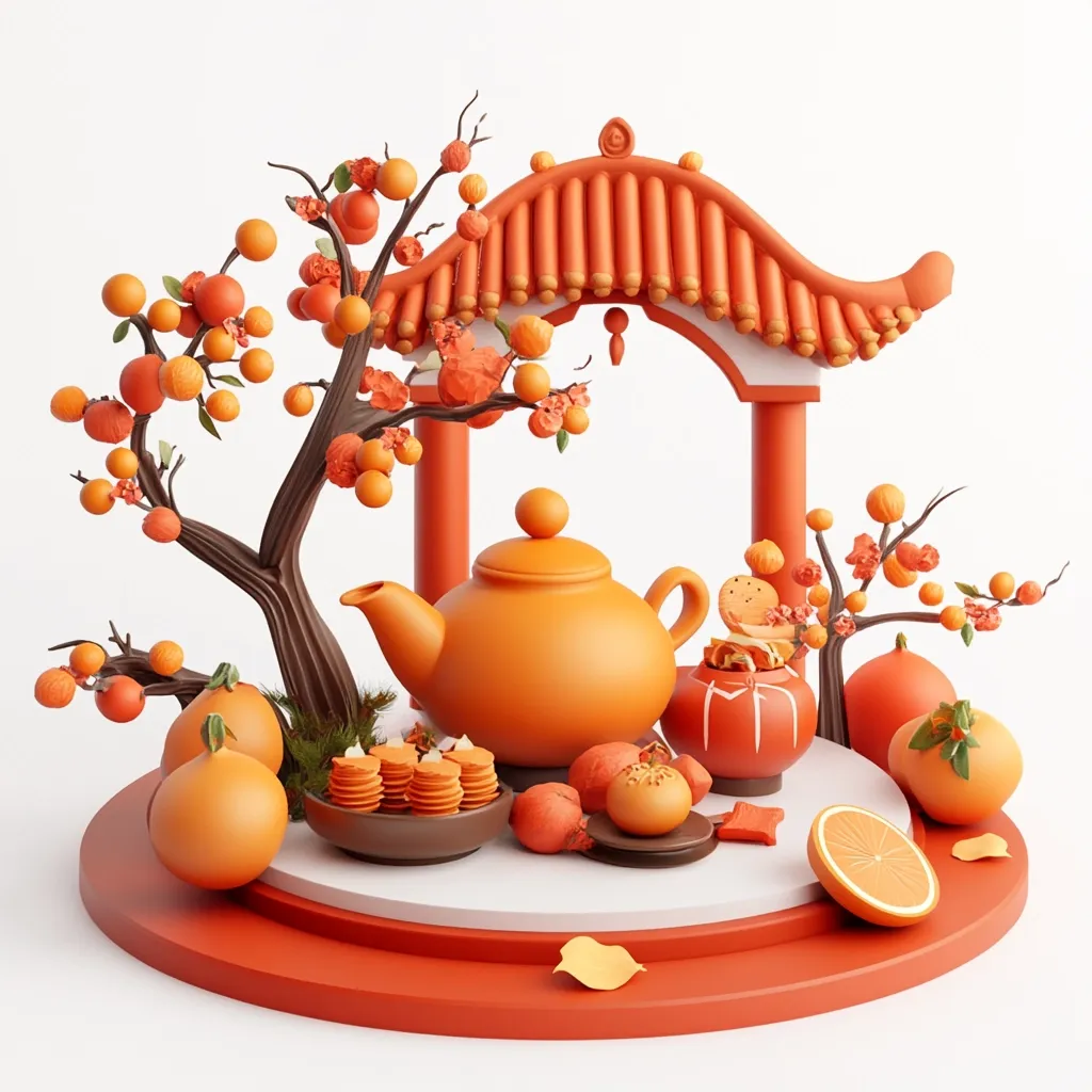 The image depicts a 3D rendering of a festive Chinese New Year scene. A bright orange teapot sits on a circular platform surrounded by orange trees, fruit, and a traditional Chinese archway. Stacks of orange snacks and a small decorative pot add to the celebratory atmosphere. The scene is rendered in a cartoonish style, with rounded shapes and vibrant colors.
